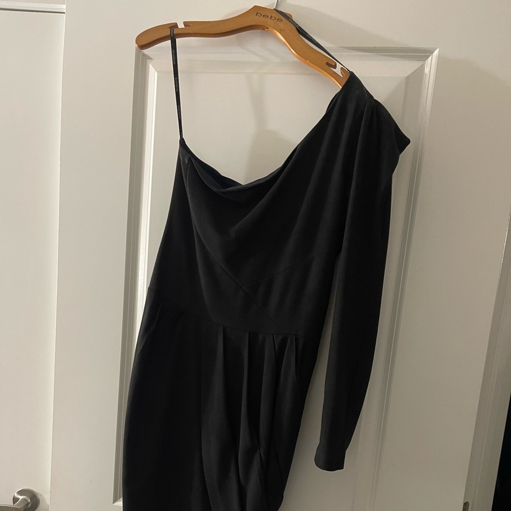 Black Suede One Shoulder Long Sleeve Mini Dress
